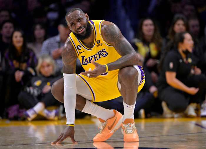 Los Angeles Lakers forward LeBron James reacts to a technical foul.